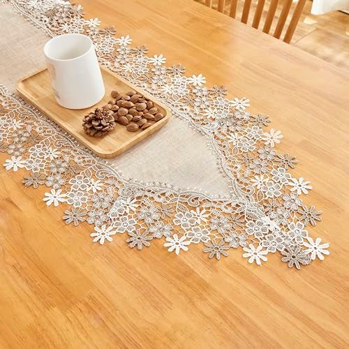 Winotic Natural Neutral Earth Tones Beige Floral Lace Table Runner Dresser Scarf 36 inches Long for Home Decor (16” x36”, Natural) - Image 5