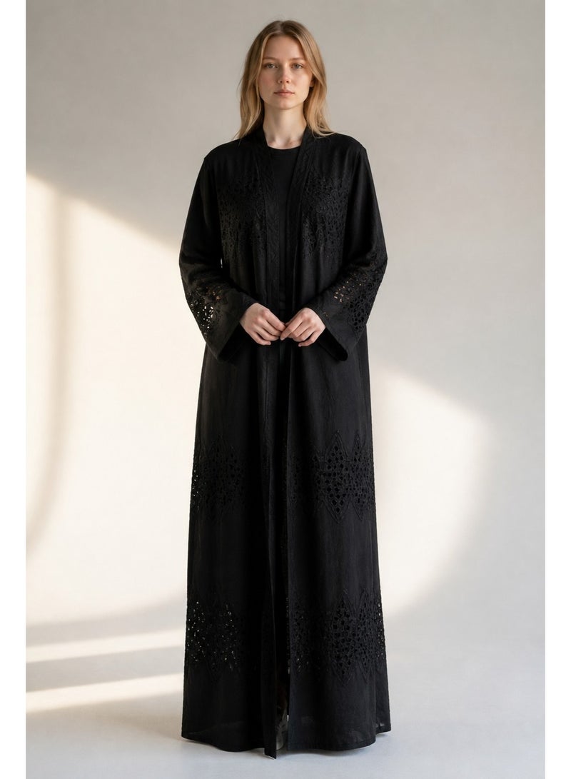 AMA_Apparel Women's Black Cutwork Eyelet Embroidered Open Front Abaya - Jori | Modest Long Sleeve Maxi - Image 1