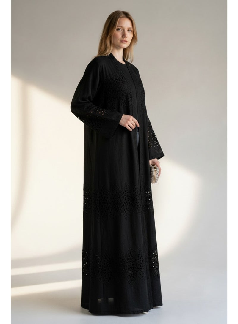 AMA_Apparel Women's Black Cutwork Eyelet Embroidered Open Front Abaya - Jori | Modest Long Sleeve Maxi - Image 2