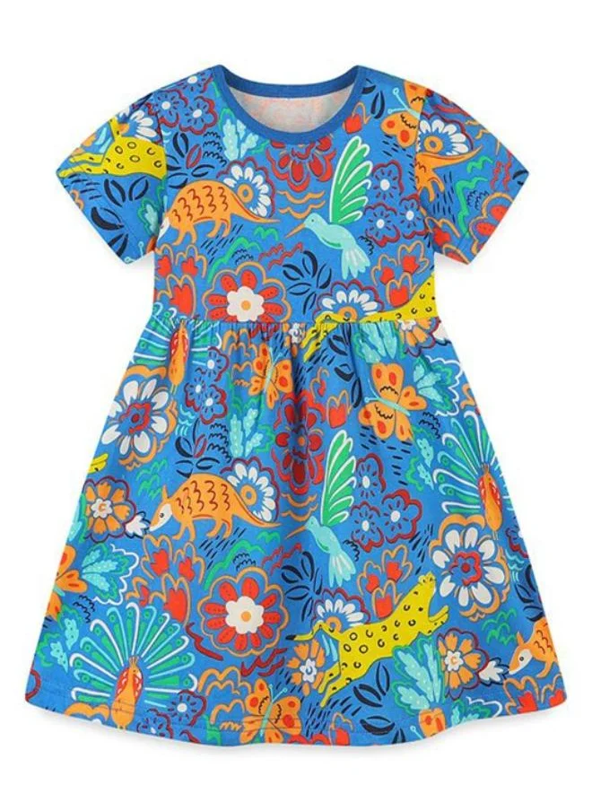 YUNIQEE Blue Fit & Flare Crew Neck Printed Dress