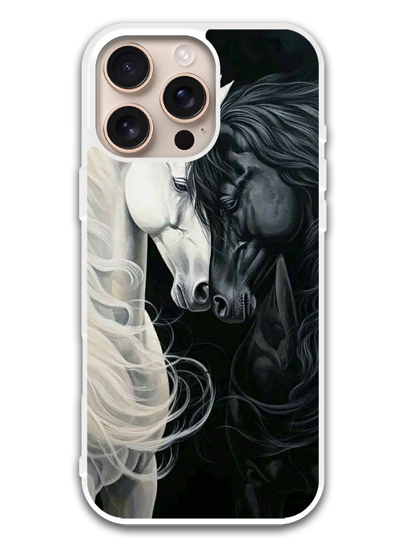 Theodor Protective Case Cover For APPLE IPHONE 16 Pro Black and White Horse (White Bumper) - Image 1