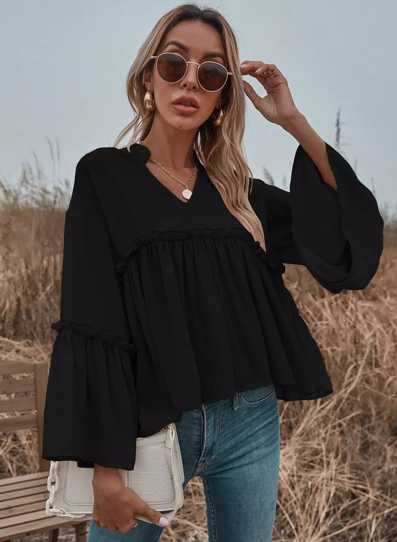 Notch Neck Frill Trim Flounce Sleeve Babydoll Blouse  - Image 1