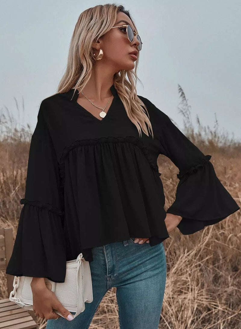 Notch Neck Frill Trim Flounce Sleeve Babydoll Blouse  - Image 5