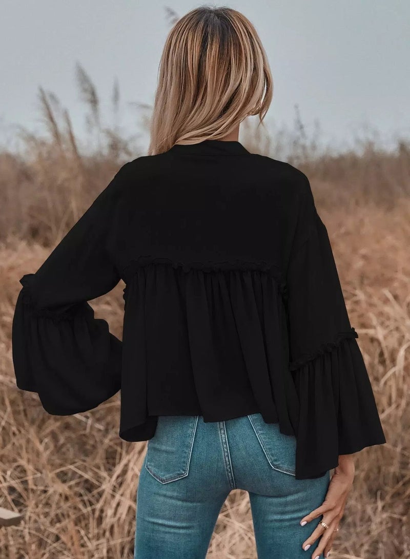 Notch Neck Frill Trim Flounce Sleeve Babydoll Blouse  - Image 2