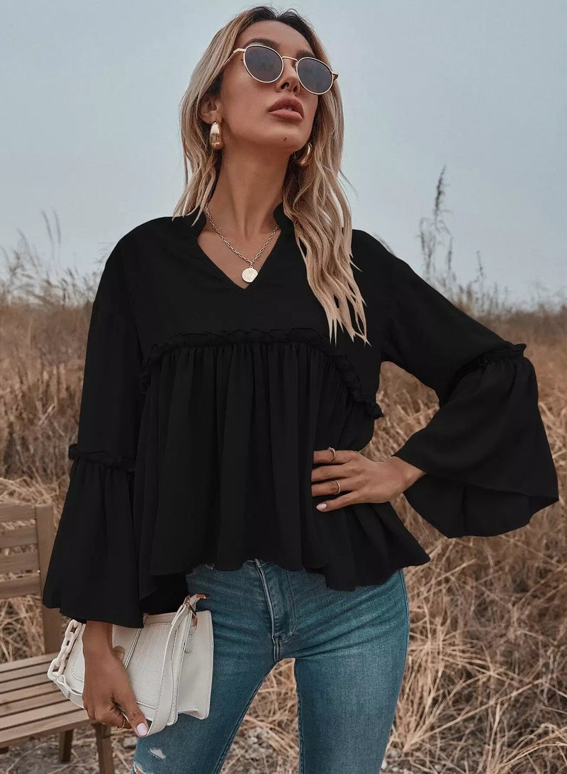 Notch Neck Frill Trim Flounce Sleeve Babydoll Blouse  - Image 3