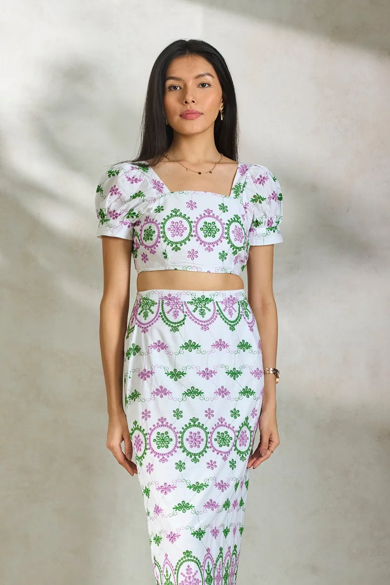 Virgio VIRGIO 100% Cotton Schiffli Crop Top With Puff Sleeves