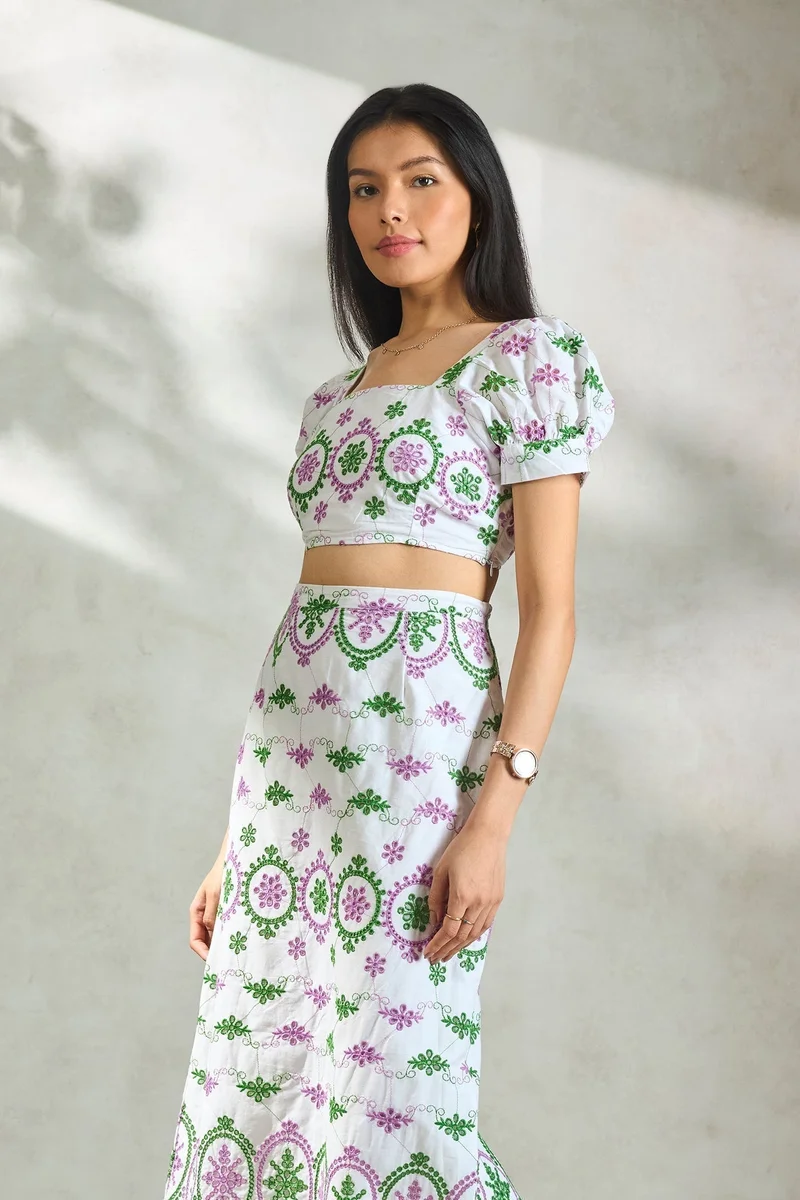 Virgio VIRGIO 100% Cotton Schiffli Crop Top With Puff Sleeves