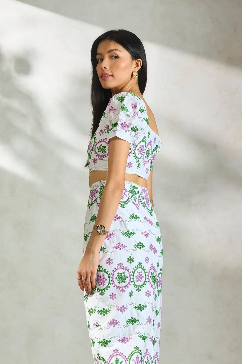 Virgio  VIRGIO 100% Cotton Schiffli Crop Top With Puff Sleeves for Women | Best Price UAE