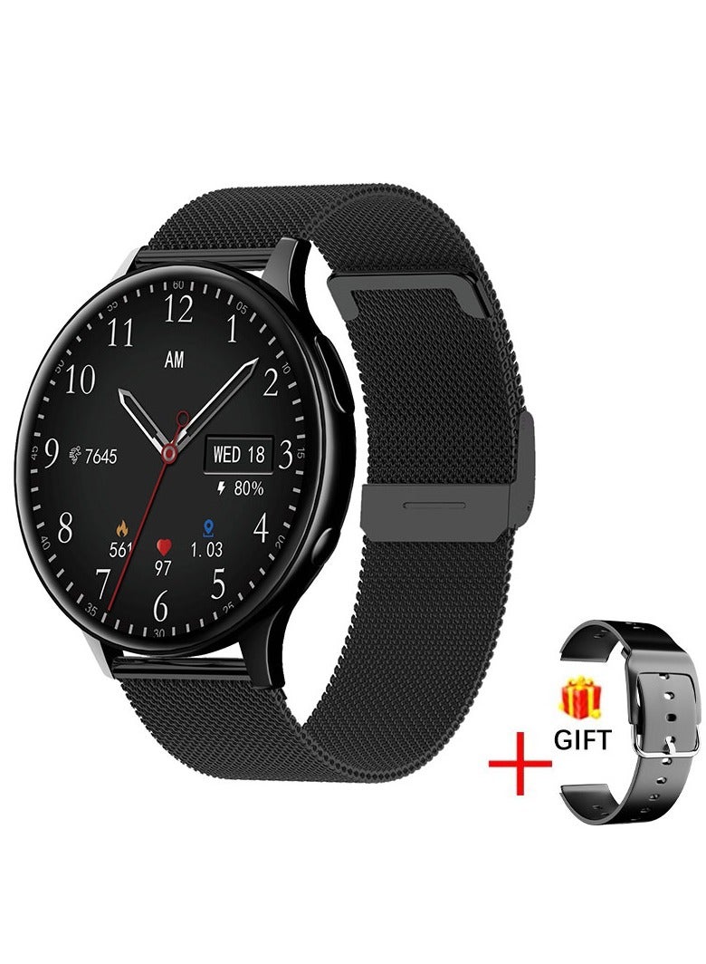 لييج ساعة ذكية جديدة للرجال بشاشة AMOLED مقاس 1.28 بوصة رياضية مزودة بخاصية الاتصال عبر البلوتوث IP67 ومقاومة للماء وحزام أسود شبكي وحزام سيليكون مجاني - Image 1