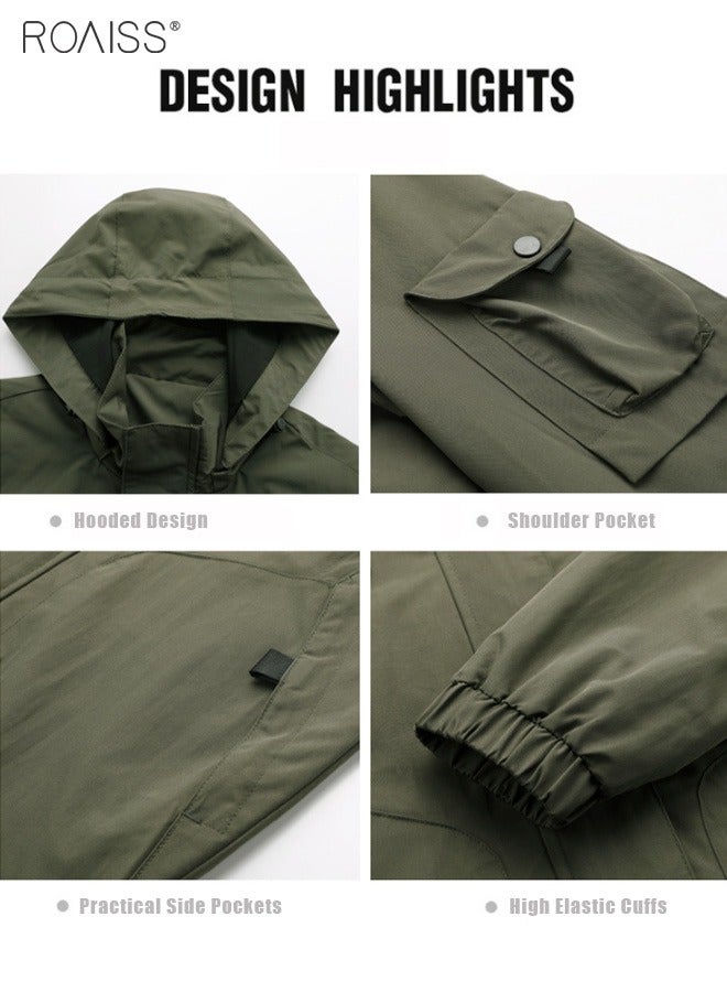 Men's Outdoor Windproof Hooded Jacket Multi Pocket Detachable Hat Coat Zipper Closure Waterproof Sports Jacket