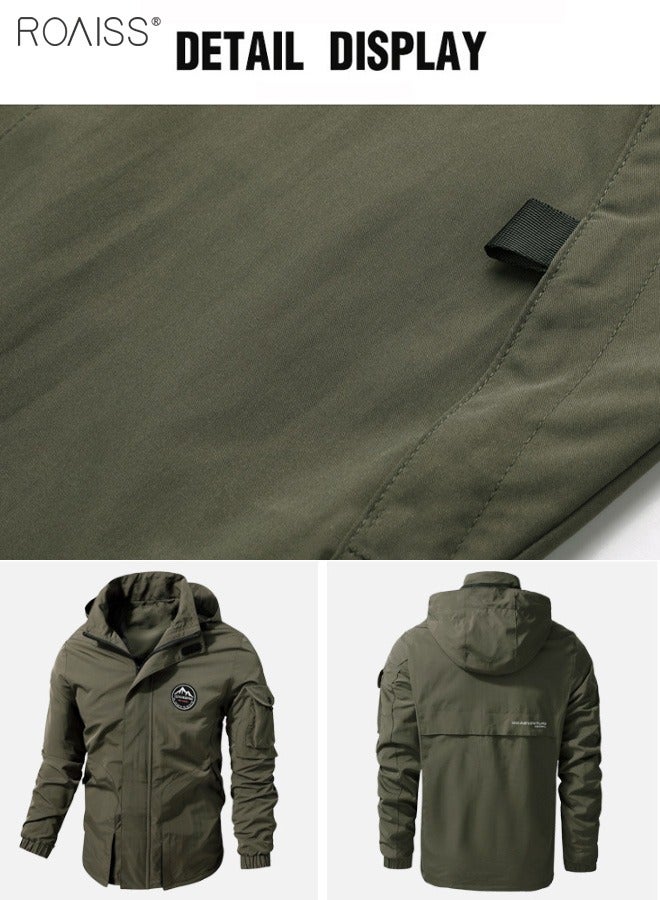 Men's Outdoor Windproof Hooded Jacket Multi Pocket Detachable Hat Coat Zipper Closure Waterproof Sports Jacket