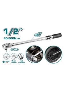TOTAL Total Torque Wrench 1/2" 40-200N.m (THPTW200N2) – High Precision Adjustable Torque Wrench for Automotive & DIY Projects, Cr-V + Cr-Mo Construction, ±4% Tolerance, 500mm Length, Packed in BMC Case  - Image 2