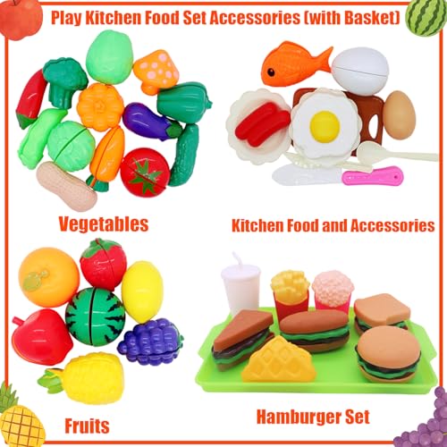 HOXBUR Pretend Play Kitchen Accessories for Kids 77Pcs Cutting Fruits Vegetables Hamburger Toy Kitchen Accessories with Baskets for Toddlers 3 Years Old - Image 5