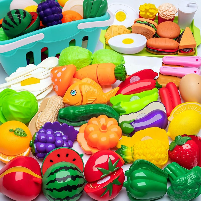 HOXBUR Pretend Play Kitchen Accessories for Kids 77Pcs Cutting Fruits Vegetables Hamburger Toy Kitchen Accessories with Baskets for Toddlers 3 Years Old - Image 3