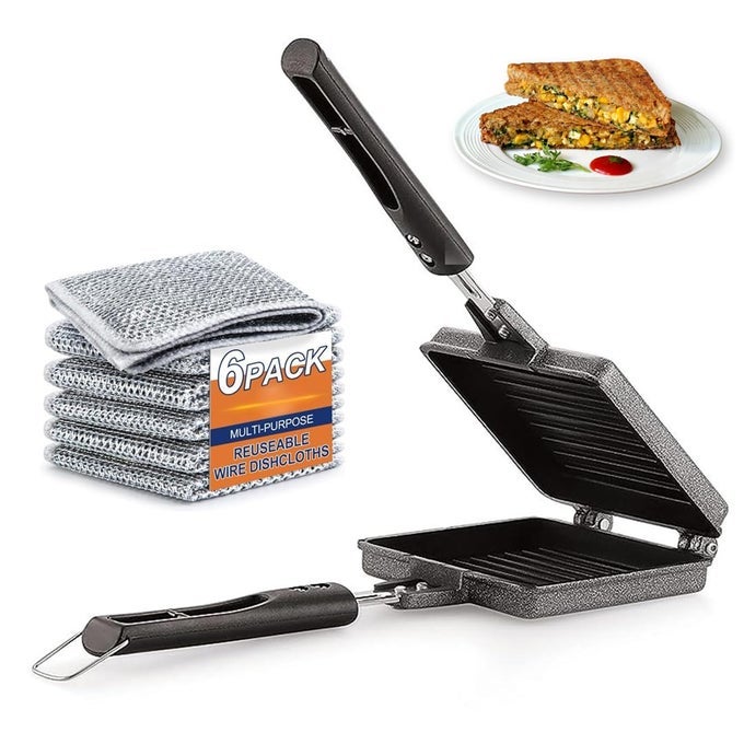 NONSTICK JUMBO GRILL GAS SANDWICH TOASTER WITH 6 REUSABLE DISHCLOTH WIRE SCRUBBER BIG BREAD GRILL GAS SANDWICH MAKER DISHWASHING RAGS