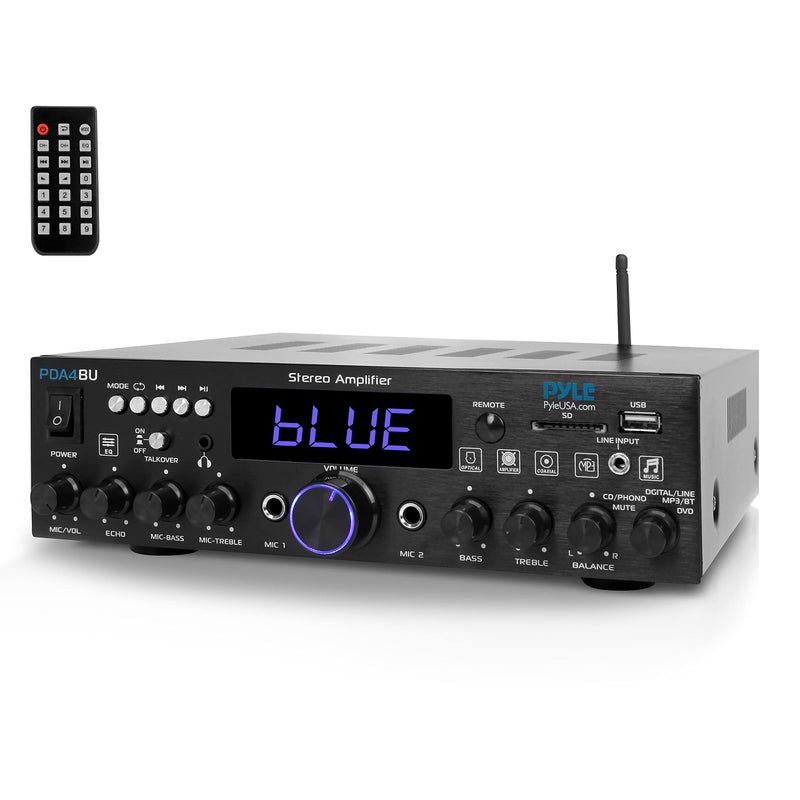 Pyle 200W Wireless Bluetooth Home Stereo Amplifier - Multi-Channel Audio Receiver with Optical - Phono - Coaxial - FM - USB/SD - AUX - RCA - 2 Mic Inputs - â€˜Talk-Overâ€™ - Antenna - Remote - PDA4BU - Image 1