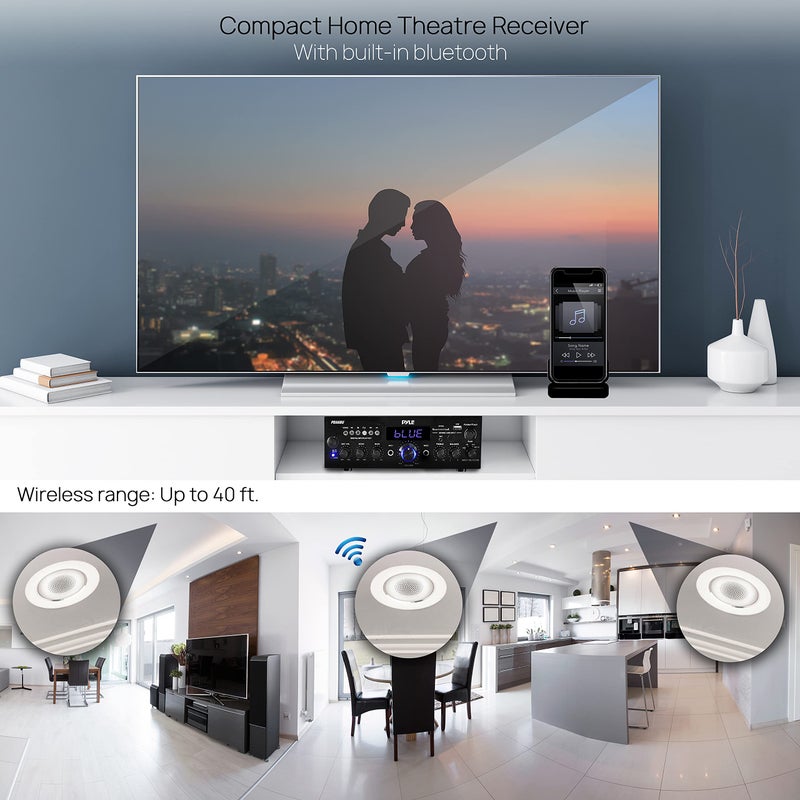 Pyle 200W Wireless Bluetooth Home Stereo Amplifier - Multi-Channel Audio Receiver with Optical - Phono - Coaxial - FM - USB/SD - AUX - RCA - 2 Mic Inputs - â€˜Talk-Overâ€™ - Antenna - Remote - PDA4BU - Image 2