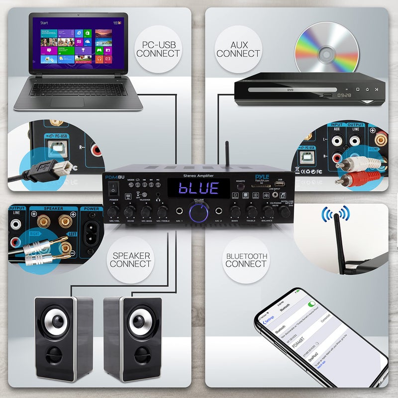 Pyle 200W Wireless Bluetooth Home Stereo Amplifier - Multi-Channel Audio Receiver with Optical - Phono - Coaxial - FM - USB/SD - AUX - RCA - 2 Mic Inputs - â€˜Talk-Overâ€™ - Antenna - Remote - PDA4BU - Image 5