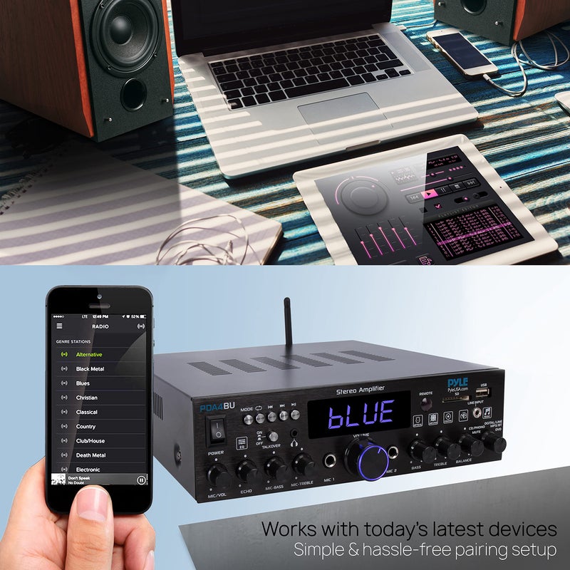 Pyle 200W Wireless Bluetooth Home Stereo Amplifier - Multi-Channel Audio Receiver with Optical - Phono - Coaxial - FM - USB/SD - AUX - RCA - 2 Mic Inputs - â€˜Talk-Overâ€™ - Antenna - Remote - PDA4BU - Image 3