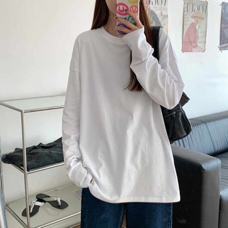 Ins Super Long-Sleeved T-Shirt Women'S Solid Color Inner Base Shirt Korean Fashionable Students Outer Wear Loose Top - Image 5