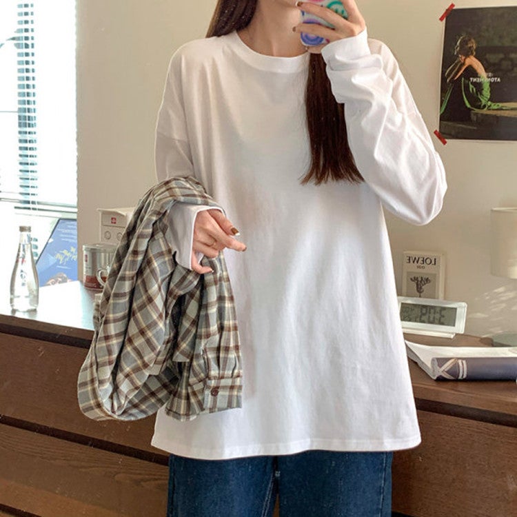 Ins Super Long-Sleeved T-Shirt Women'S Solid Color Inner Base Shirt Korean Fashionable Students Outer Wear Loose Top - Image 1