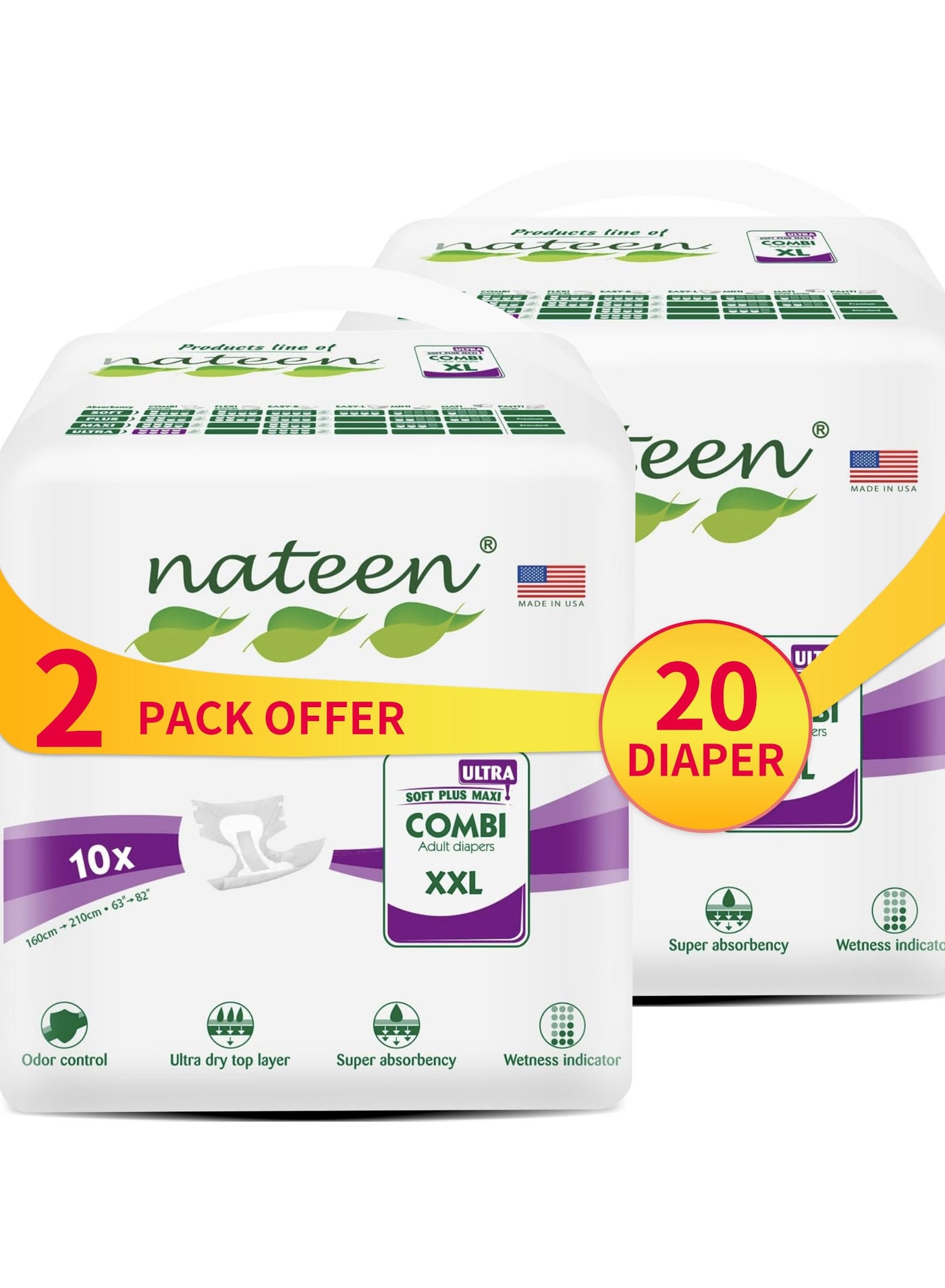 Nateen Super Ultra Incontinence Adult Diaper,XX-Large,Waist Size 160-210cm,20 Count Adult Diapers, Maximum Absorbency, Leak Protection-6000ml Absorbency.