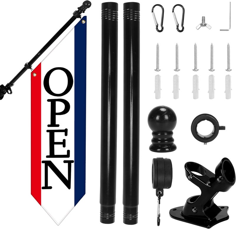yeload OPEN Flag with Pole Kit - Heavy Duty Canvas Open Banner for Business Storefront, 42x12 Inch Outdoor Double-Sided Sign with Bracket - Advertising Signage for Retail & Shops (Patriotic) - Image 1