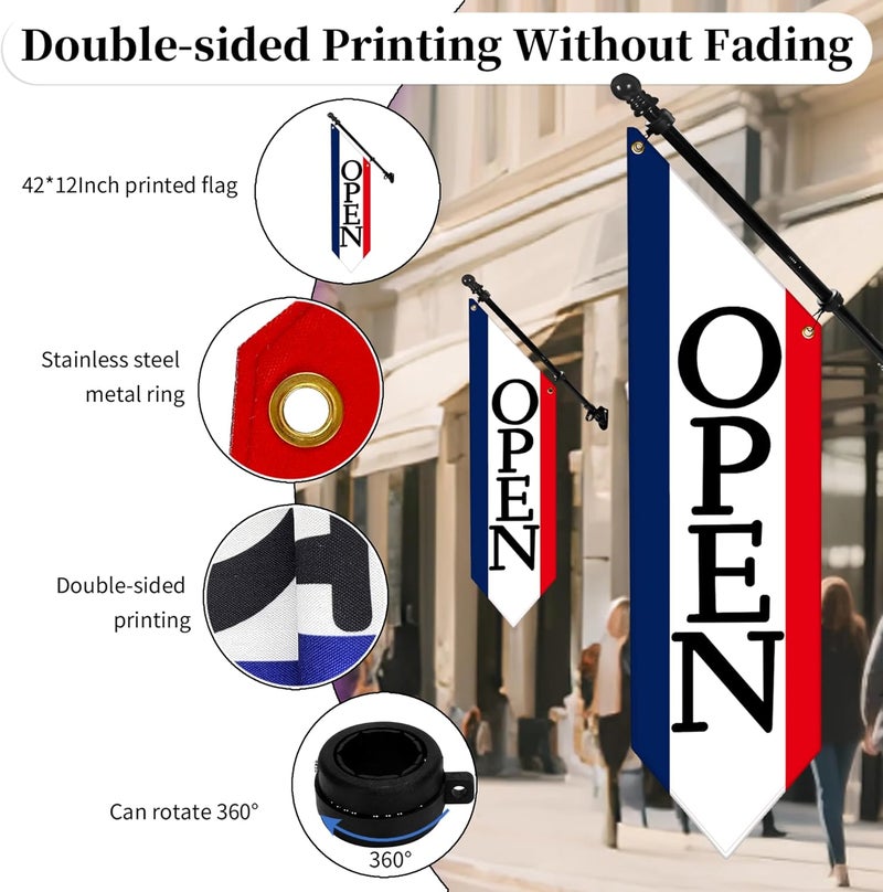 yeload OPEN Flag with Pole Kit - Heavy Duty Canvas Open Banner for Business Storefront, 42x12 Inch Outdoor Double-Sided Sign with Bracket - Advertising Signage for Retail & Shops (Patriotic) - Image 3