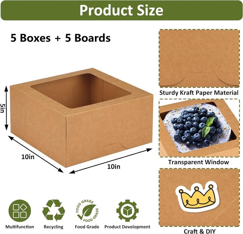 Red Dot Gift 12-Pack Brown Bakery Boxes with Clear Window - 25x25x12.5cm Kraft Paper Cake Carrier, Lightweight & Easy-Fold Disposable Gift Box for Cookies, Pastries, and Small Cakes - Image 3