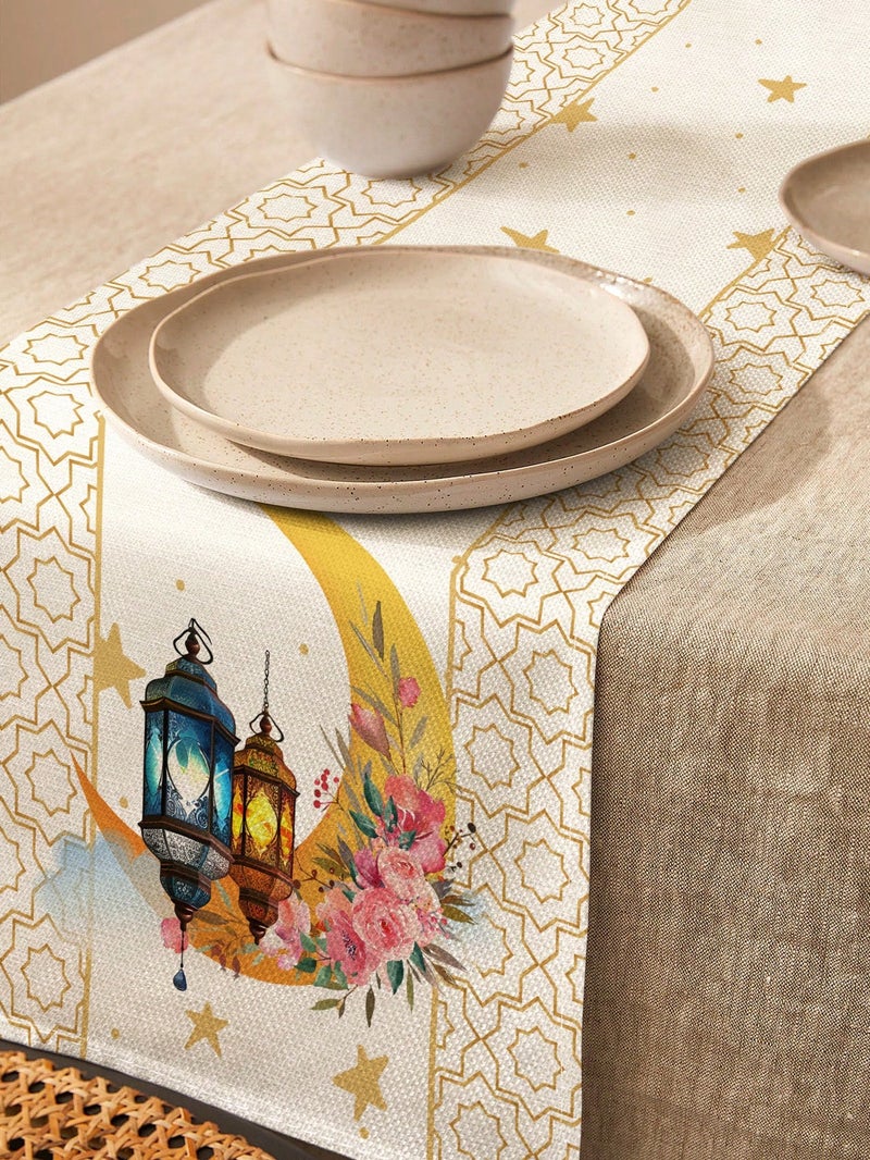 Ramadan Decorations Table Runner With Crescent Moon And Lantern Design Elegant Eastern Style 90×33cm – Ramadan Decorations For Homes And Parties - Image 1