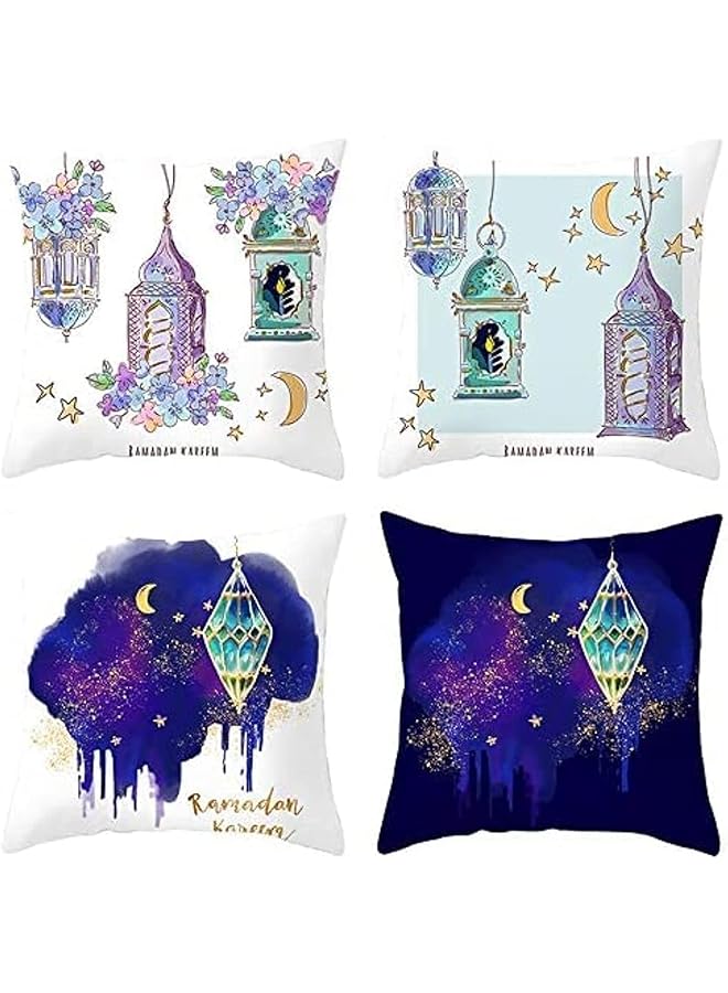 4 Pieces Ramadan Mubarak Pillow Covers Star Moon Pillow Covers Star Moon Throw Pillow Cases Blue Ramadan Mubarak Throw Cushion Cover Decoration for Sofa Bed Couch Car Chair