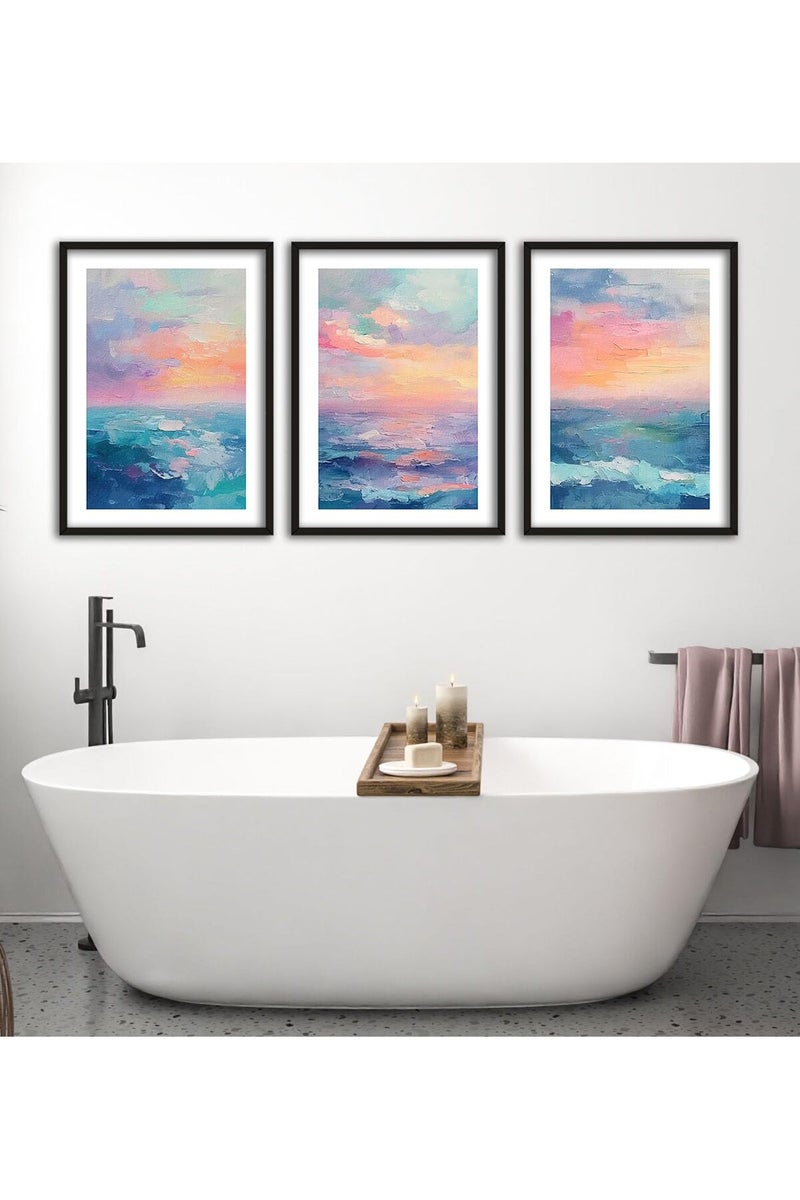 Eviepops Prints ALAYRA Texture Ocean Sunset Set of 3 Unframed Wall Poster Prints, Pastel Abstract Painting Textures, Bathroom Bedroom Lounge Kitchen Home Décor, Ocean Landscape, Vibrant Abstract Art, Blue Orange Pink (A3) - Image 1