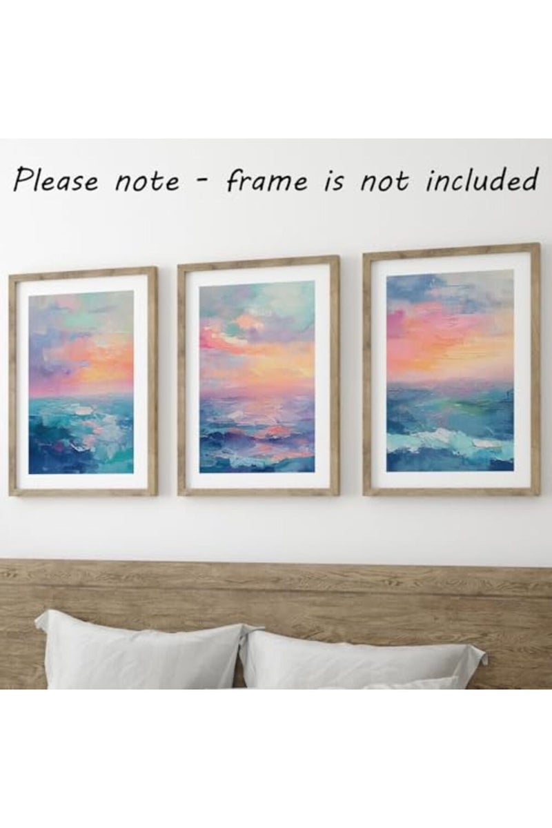 Eviepops Prints ALAYRA Texture Ocean Sunset Set of 3 Unframed Wall Poster Prints, Pastel Abstract Painting Textures, Bathroom Bedroom Lounge Kitchen Home Décor, Ocean Landscape, Vibrant Abstract Art, Blue Orange Pink (A3) - Image 2