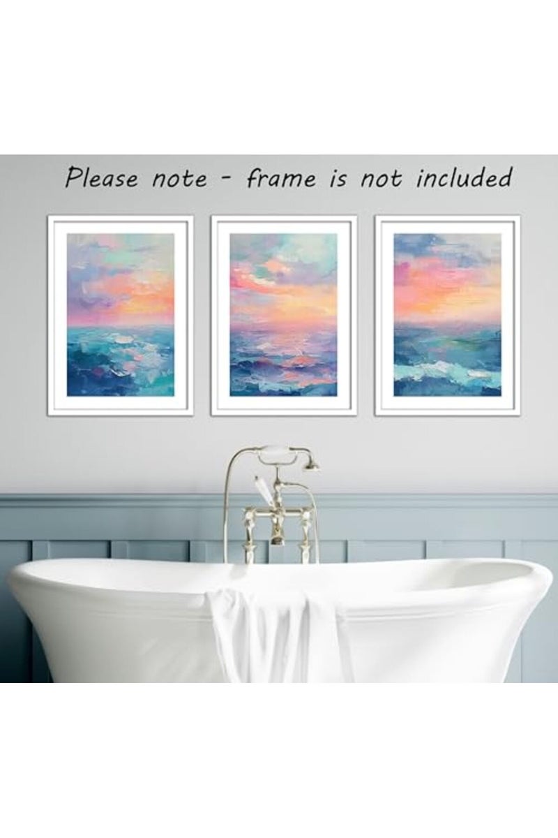 Eviepops Prints ALAYRA Texture Ocean Sunset Set of 3 Unframed Wall Poster Prints, Pastel Abstract Painting Textures, Bathroom Bedroom Lounge Kitchen Home Décor, Ocean Landscape, Vibrant Abstract Art, Blue Orange Pink (A3) - Image 3