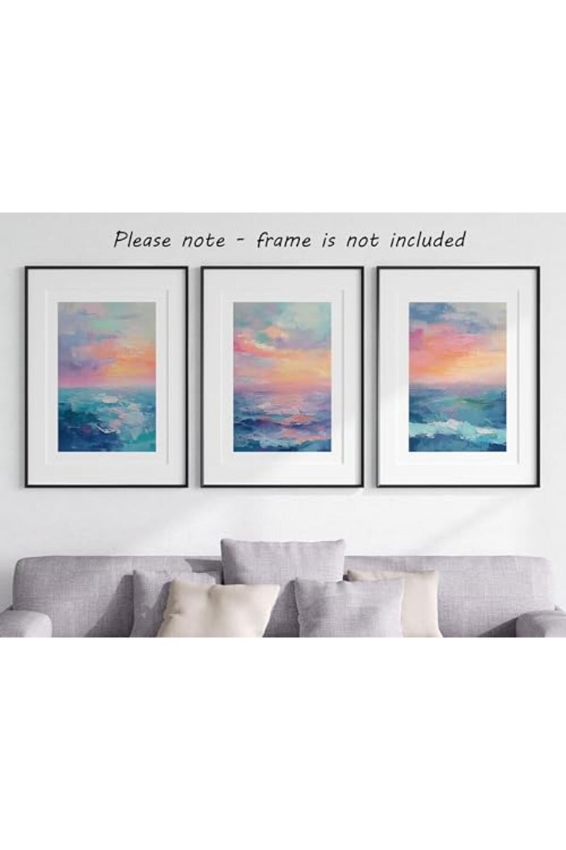 Eviepops Prints ALAYRA Texture Ocean Sunset Set of 3 Unframed Wall Poster Prints, Pastel Abstract Painting Textures, Bathroom Bedroom Lounge Kitchen Home Décor, Ocean Landscape, Vibrant Abstract Art, Blue Orange Pink (A3) - Image 4