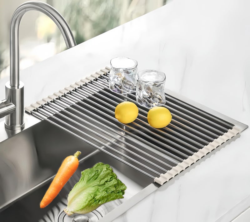 Sayehuanye Roll Up Dish Drying Rack 177 x 118 Over The Sink Dish Drying Rack Kitchen Dish Rack Foldable Dish Drainer Stainless Steel Dish Drying Rack for Kitchen Sink Counter Storage Grey - Image 2
