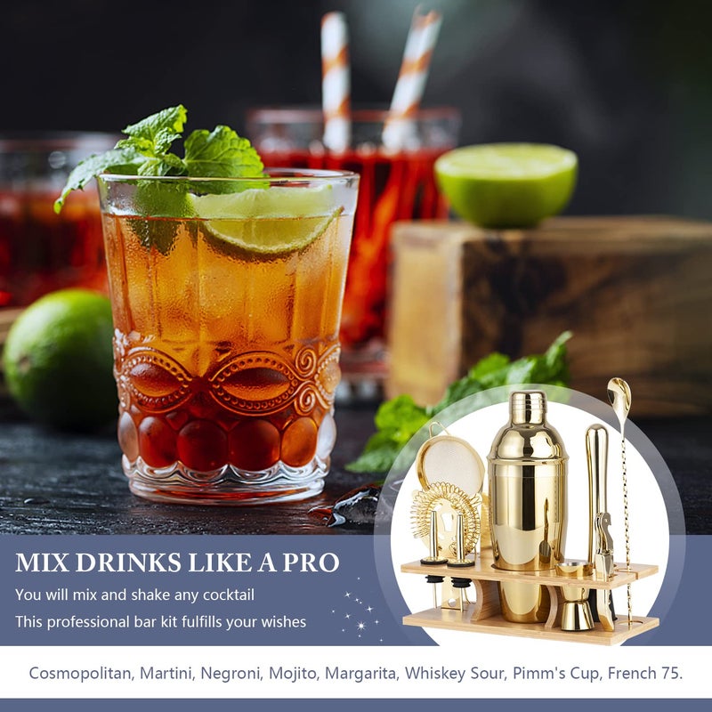 JNWINOG Shakers Bartending, 11Pcs-Cocktail Shaker Set Gold Drink Mixer with 25oz Martini Shaker,Muddler,Bar Spoon and More Professional for Home and Bartender.(Gold) - Image 3