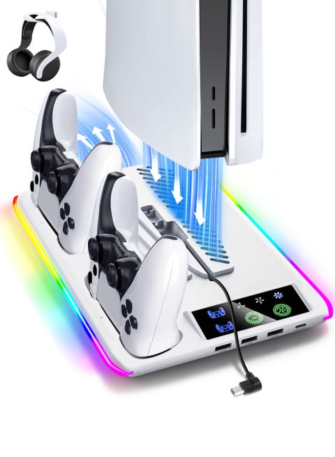 PS5 Stand and Cooling Station with Dual Controller Charging Station, Including Controller Charger, Cooling Fan, RGB LED and USB Hub (Fit for PS5/PS5 slim/PS5 Pro Version) White