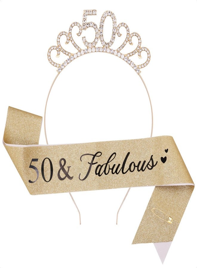 MAGLAUG 50th Birthday Sash and Tiara Set, 50 Glitter Crown Headband & Fabulous Sash Party Favor Supplies 50th Birthdays Gifts for Women Her 50th Birthday Decorations (Gold 50) - Image 1