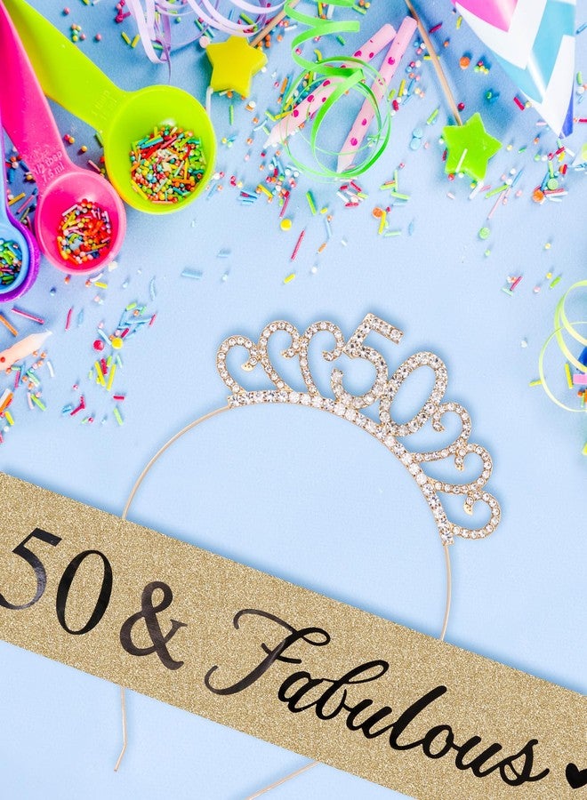 MAGLAUG 50th Birthday Sash and Tiara Set, 50 Glitter Crown Headband & Fabulous Sash Party Favor Supplies 50th Birthdays Gifts for Women Her 50th Birthday Decorations (Gold 50) - Image 2