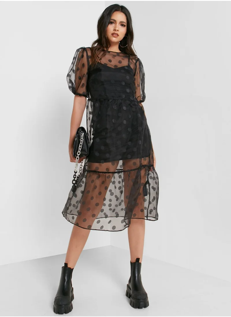 Miss Selfridge Puff Sleeves Spot Midi Dress
