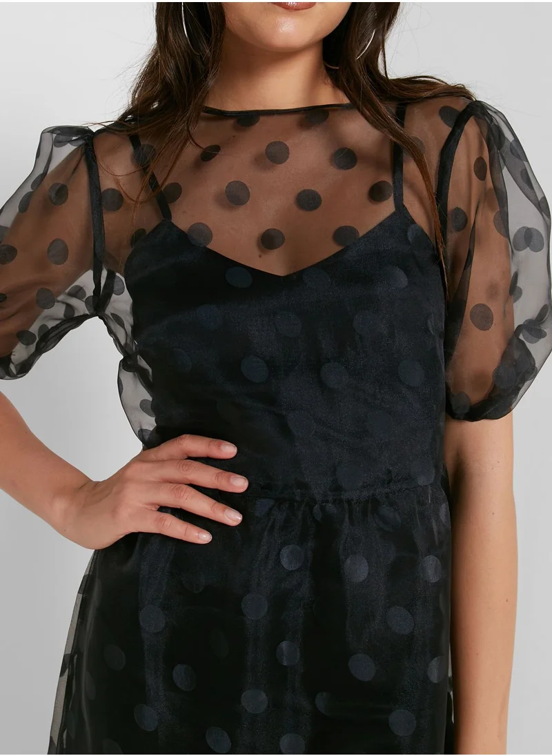 Miss Selfridge Puff Sleeves Spot Midi Dress