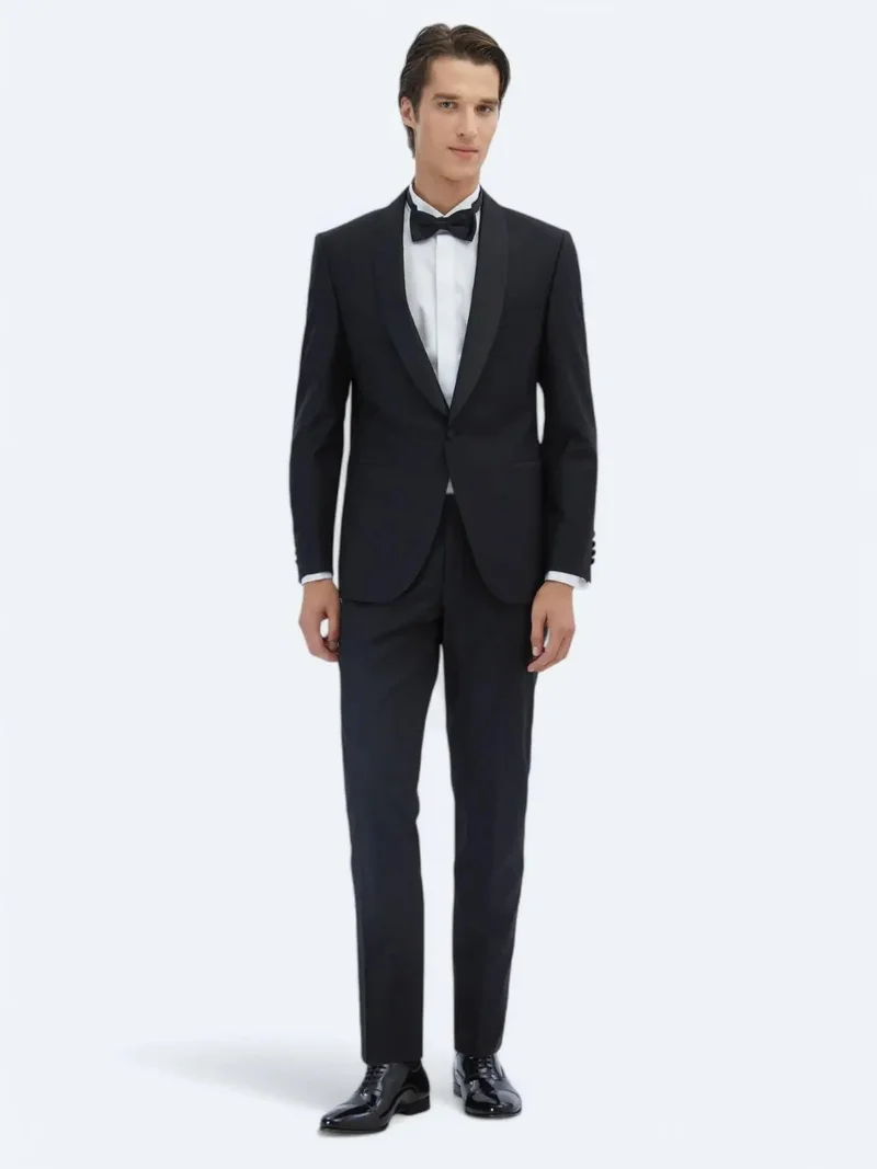 Kip Black Plain Slim Fit Shawl Collar Weaving Tuxedo