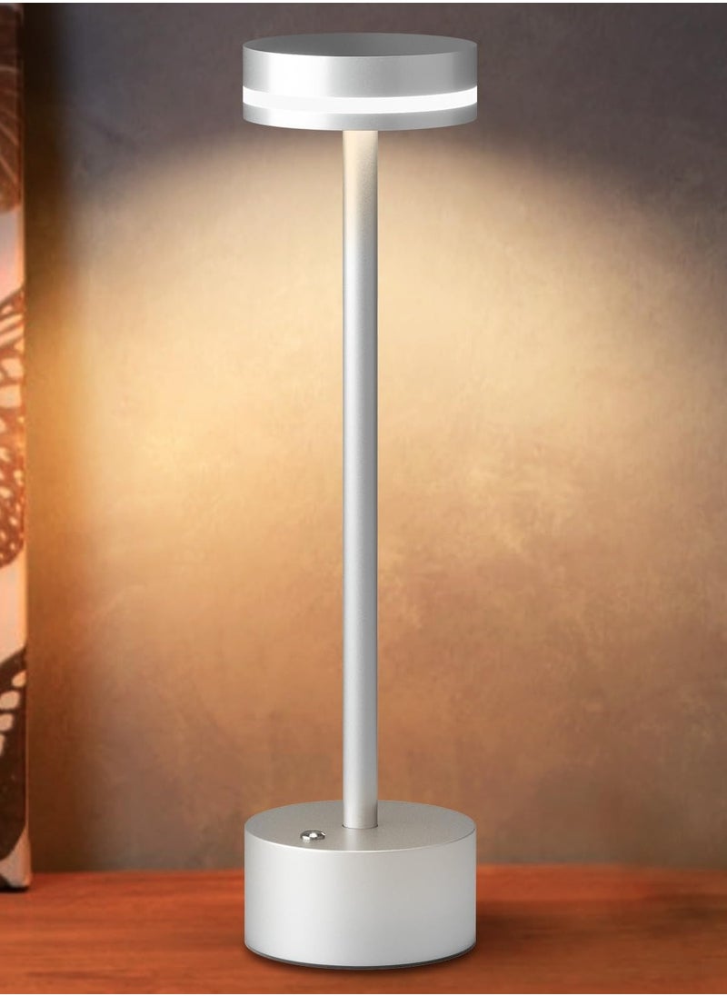 Generic Rechargeable Cordless Table Lamp, Modern LED Desk Lamp with Touch Sensor, Aluminum Shell,  3 Colors Stepless Dimming, USB-C Charging Port, Portable Bedside Lamp for Restaurant/Indoor/Outdoor(Silver)  - Image 1