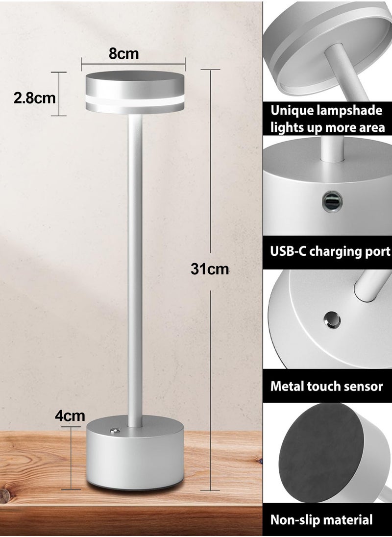 Generic Rechargeable Cordless Table Lamp, Modern LED Desk Lamp with Touch Sensor, Aluminum Shell,  3 Colors Stepless Dimming, USB-C Charging Port, Portable Bedside Lamp for Restaurant/Indoor/Outdoor(Silver)  - Image 3