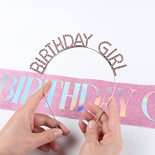 JunyRuny Birthday Girl Glitter Sash & Tiara Set, Pink, Costume Headwear for Women, Birthday Party Decorations, Happy Birthday Gifts for Her - Image 3