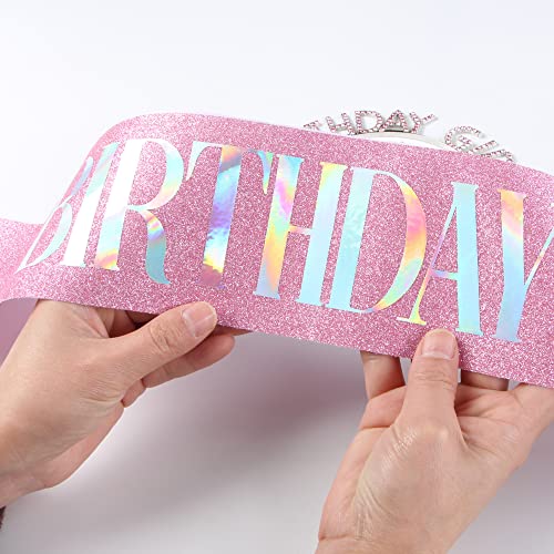 JunyRuny Birthday Girl Glitter Sash & Tiara Set, Pink, Costume Headwear for Women, Birthday Party Decorations, Happy Birthday Gifts for Her - Image 4