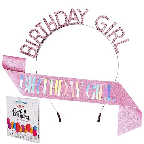 JunyRuny Birthday Girl Glitter Sash & Tiara Set, Pink, Costume Headwear for Women, Birthday Party Decorations, Happy Birthday Gifts for Her - Image 1