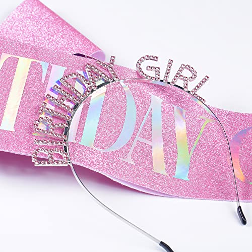 JunyRuny Birthday Girl Glitter Sash & Tiara Set, Pink, Costume Headwear for Women, Birthday Party Decorations, Happy Birthday Gifts for Her - Image 2
