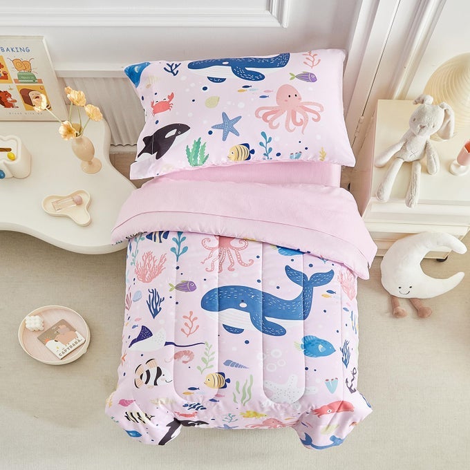 4 PIECE TODDLER BEDDING SET FOR GIRLS OCEAN THEME PINK DESIGN MICROFIBER TODDLER BEDDING COMFORTER SET FOR ALL SEASONS
